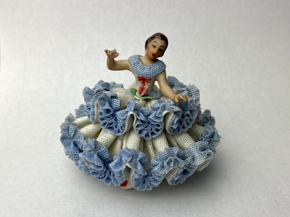 Vintage German F.W. Wessel Dresden Lace Porcelain Figurine Blue Dress Lady